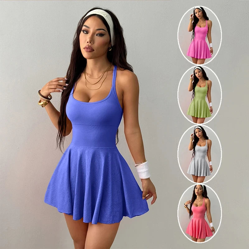 Sporty Women's Square Neck Sports Dress, Cute And Casual, Hidden Shorts, Tennis Dress