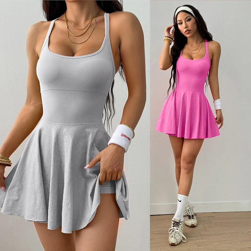 Sporty Women's Square Neck Sports Dress, Cute And Casual, Hidden Shorts, Tennis Dress