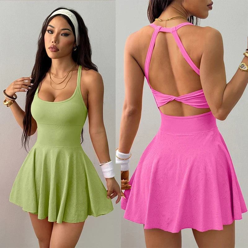 Sporty Women's Square Neck Sports Dress, Cute And Casual, Hidden Shorts, Tennis Dress